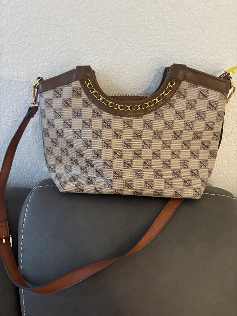 Brown Patterned Shoulder Bag with Gold Chain Accent